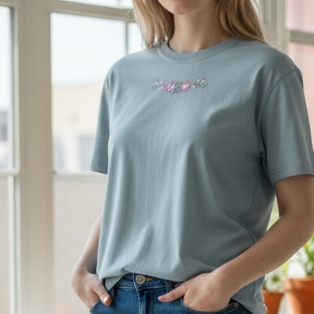 Pastel Blue Embroidered Floral Crewneck T-Shirt